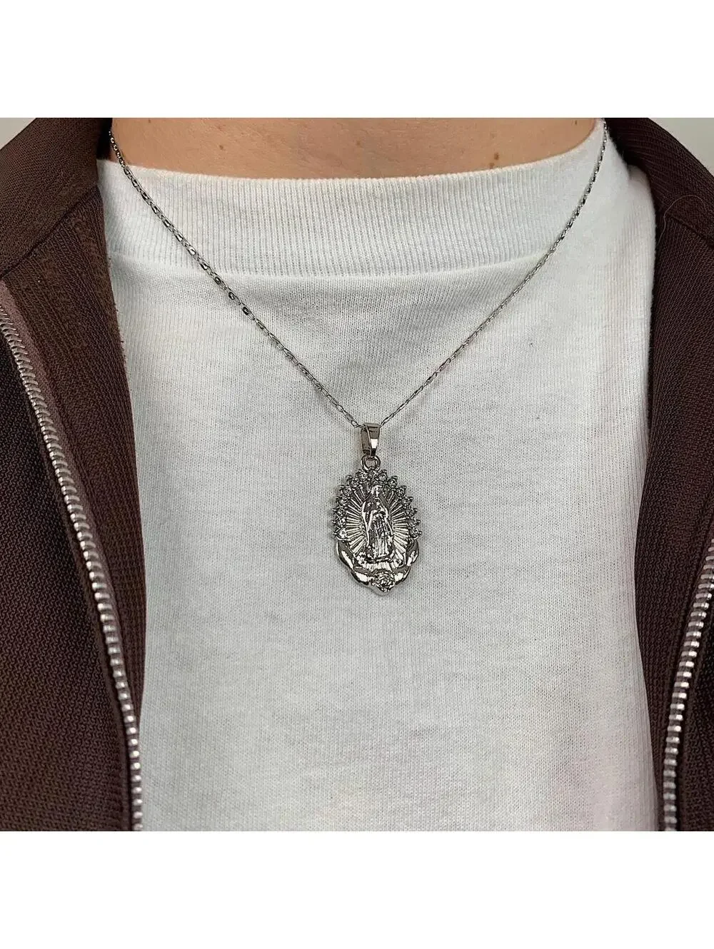 Silver Saint Marry rhinestone pendant y2k 90s style necklace chain. Grunge punk